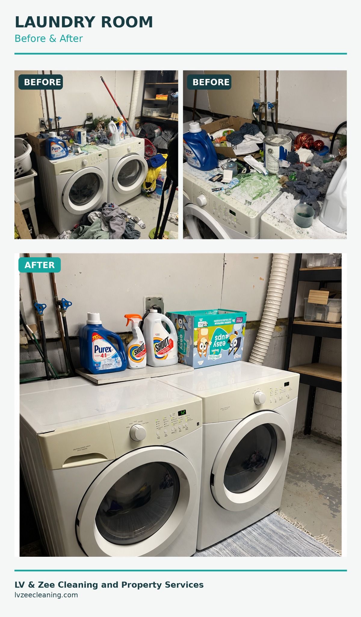 Laundry room organization before and after by LV & Zee